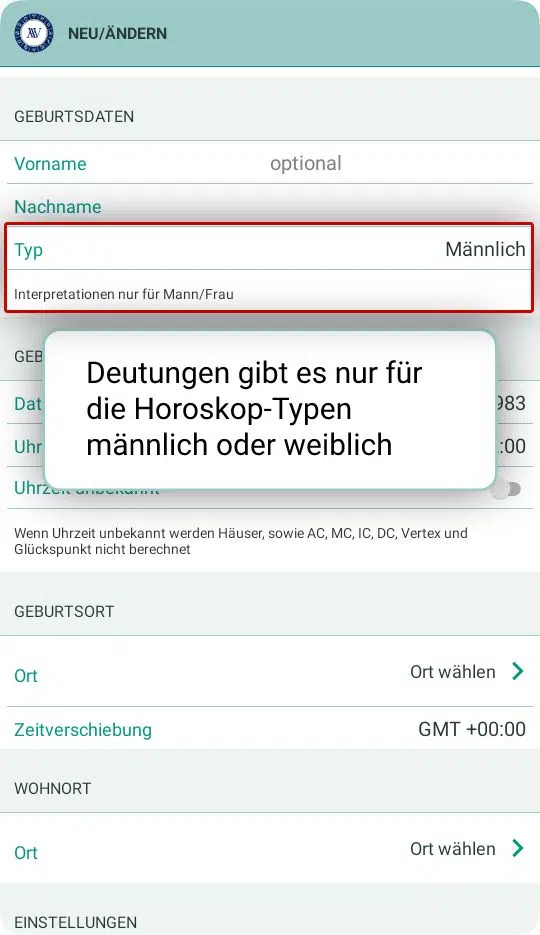 Horoskop-Deutungen gibt es in AstroWorx für die Horoskoptypen männlich und weiblich